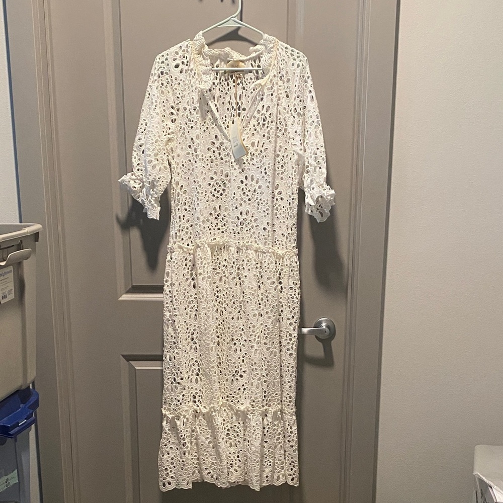 Eyelet Lace Midi Dress Latte Boho Cottagecore Tiered Long Sleeve Dress Bridal
